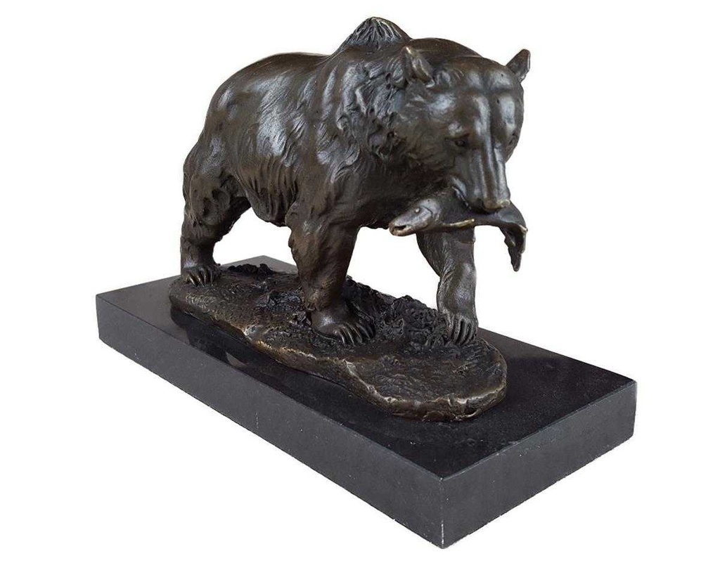 [LA-39336] Bronzeskulptur Bronzefigur Grizzlybär Bär mit Fisch Im Maul Bild 3
