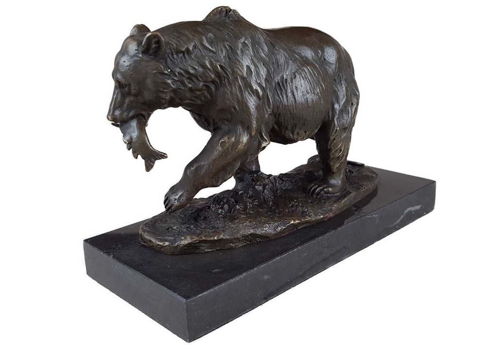 [LA-39336] Bronzeskulptur Bronzefigur Grizzlybär Bär mit Fisch Im Maul Bild 5