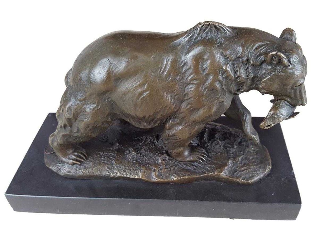 [LA-39336] Bronzeskulptur Bronzefigur Grizzlybär Bär mit Fisch Im Maul Bild 12