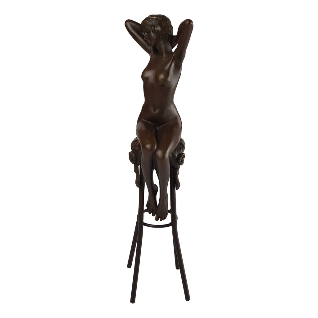 [LA-39379] Bronzeskulptur Bronzefigur Namens Erwachen Erotik Frau Auf Barhocker Bild 4