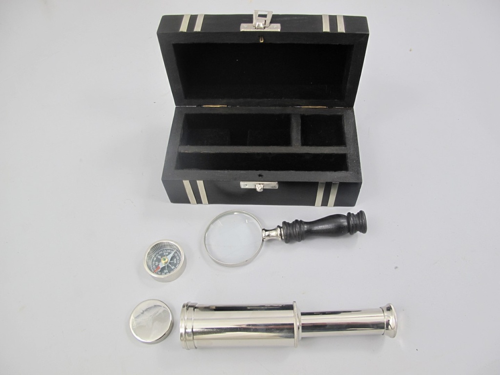 [LA-42772] Nautik Set Vernickelt Holzdose L 18 cm Bild 2