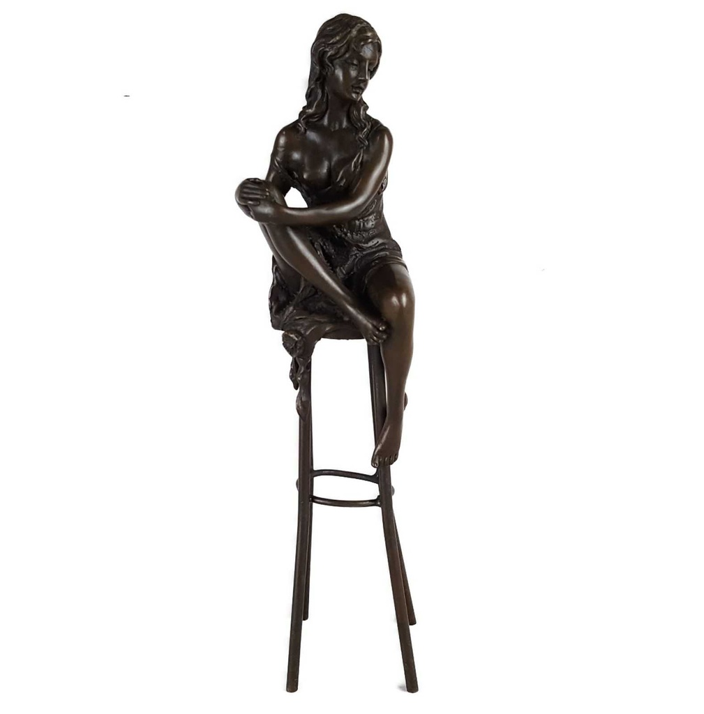 [LA-43267] Bronzeskulptur Bronzefigur Frau auf Barstuhl Barhocker Bild 8