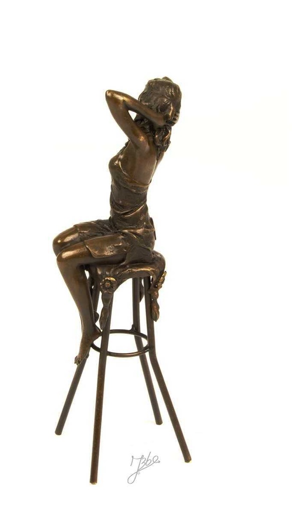[LA-43301] Bronzeskulptur Bronzefigur Frau auf Barstuhl Barhocker bunt Art-Deco-Stil Bild 4