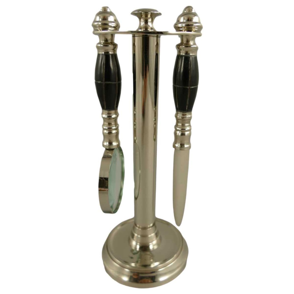 [LA-43607] Leselupe Handlupe Vergrößerungsglas/Brieföffner auf Ständer Set vernickelt H 19 cm Bild 2