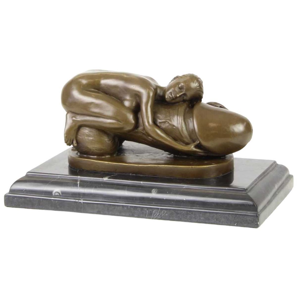 [LA-43839] Bronzeskulptur Bronzefigur Erotik Frau Umarmt Liegend Einen Phallus Bild 2