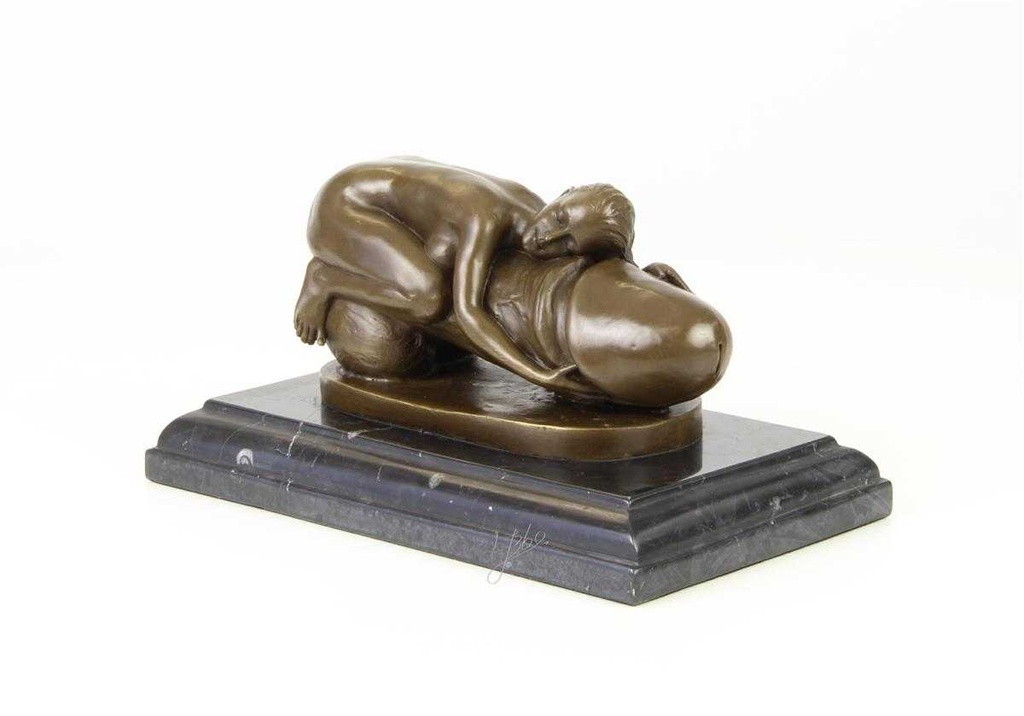 [LA-43839] Bronzeskulptur Bronzefigur Erotik Frau Umarmt Liegend Einen Phallus Bild 3