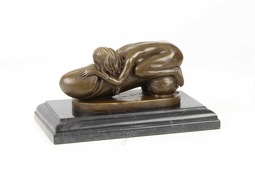 [LA-43839] Bronzeskulptur Bronzefigur Erotik Frau Umarmt Liegend Einen Phallus Bild 8