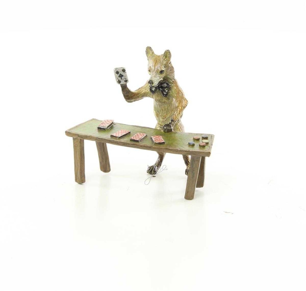 [LA-44368] Bronzeskulptur Bronzefigur Fuchs Spielt Karten Bild 3