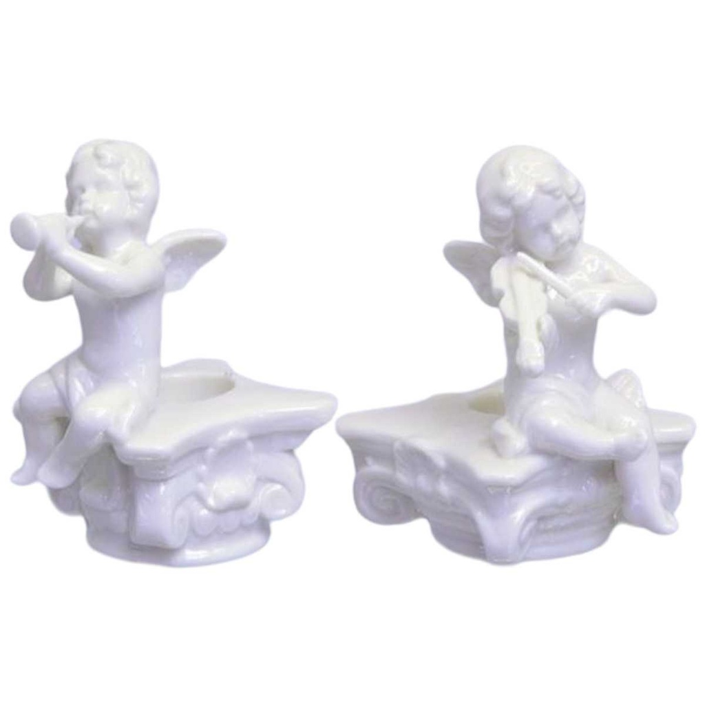 [LA-44898] Figur Skulptur 2 Kerzenhalter Alabaster Engel musizierend auf Stein sitzend Bild 2