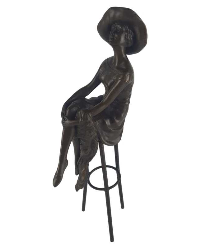 [LA-46184] Bronzeskulptur Bronzefigur Frau auf Barstuhl Barhocker Bild 2