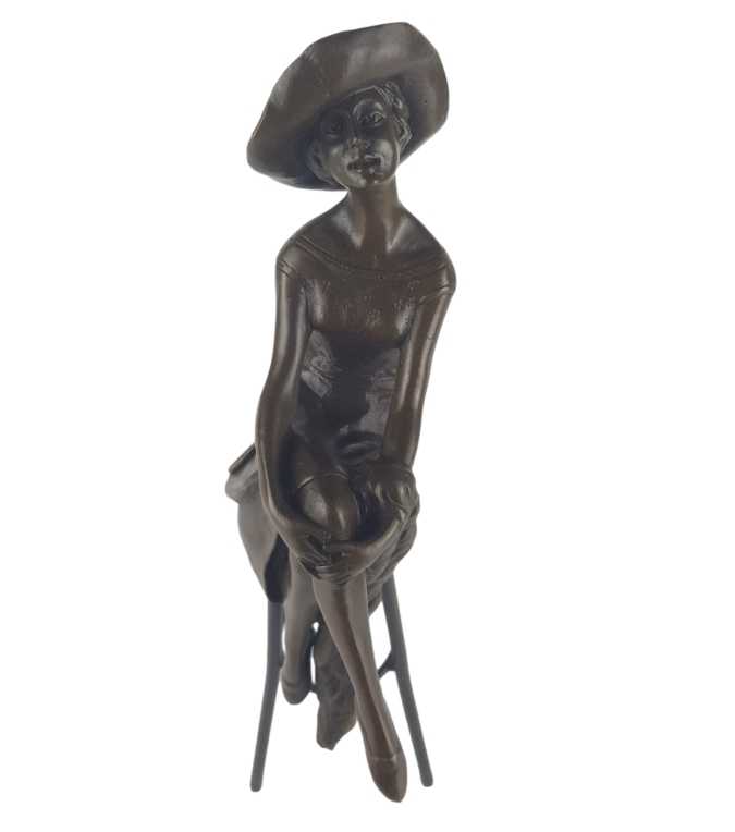 [LA-46184] Bronzeskulptur Bronzefigur Frau auf Barstuhl Barhocker Bild 5