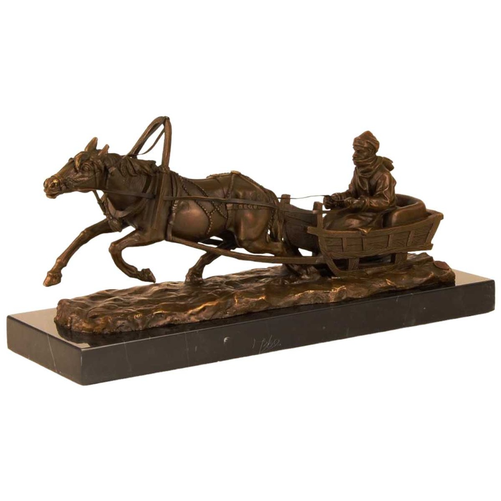 [LA-46263] Bronzeskulptur Bronzefigur Pferd Zieht Einen Schlitten Bild 2