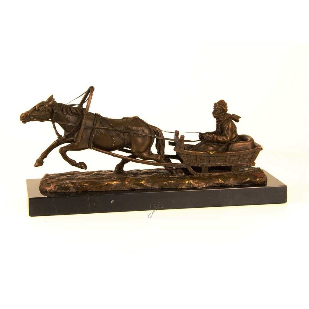 [LA-46263] Bronzeskulptur Bronzefigur Pferd Zieht Einen Schlitten Bild 3