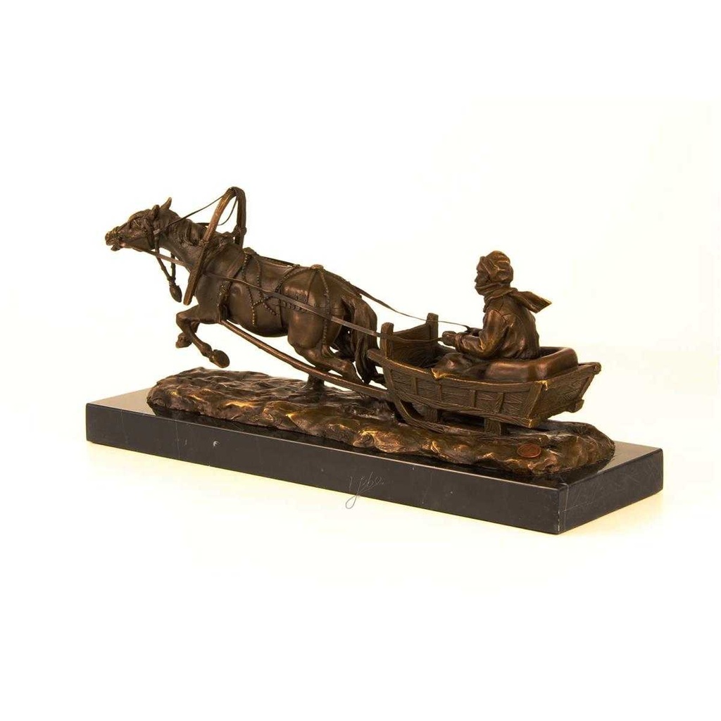 [LA-46263] Bronzeskulptur Bronzefigur Pferd Zieht Einen Schlitten Bild 5