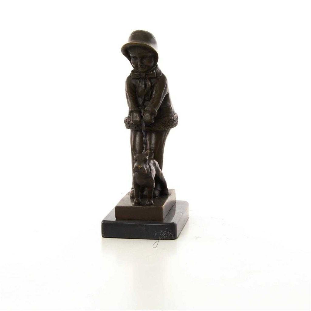 [LA-46478] Bronzeskulptur Bronzefigur Mädchen Geht mit Hund Gassi Bild 3