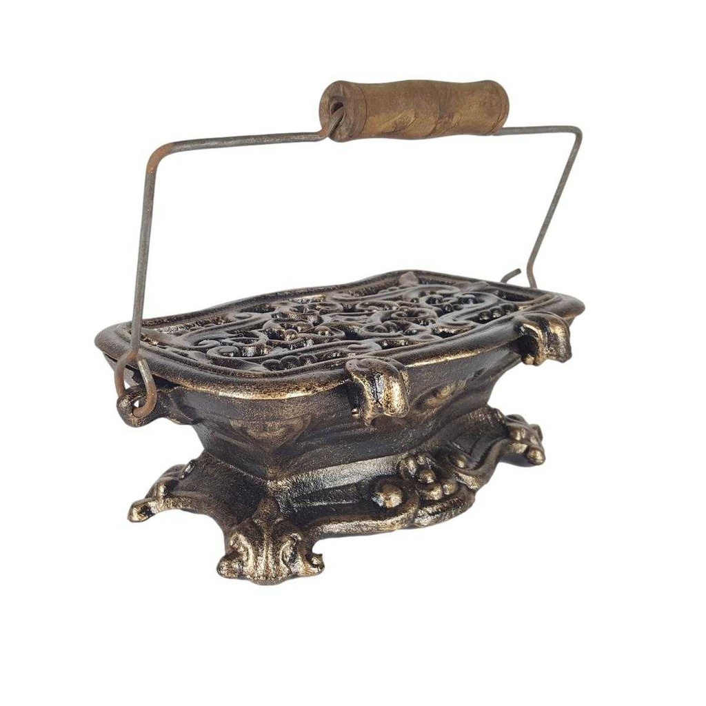 [LA-50226] Figur Skulptur Gusseisen Miniatur Herd Stövchen braun rustikal mit Holzgriff Bild 4