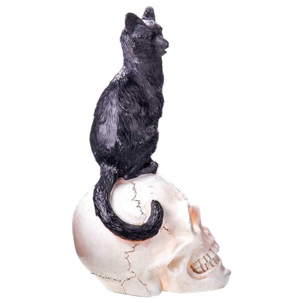 [LA-63942] Skulptur Figur Kunststein schwarzer Kater auf Totenkopf Gothic Halloween Bild 2