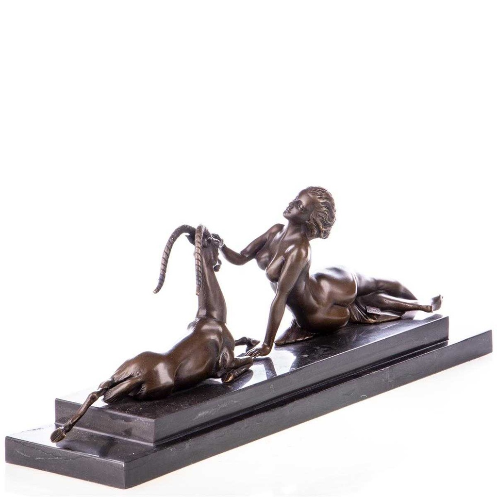 [LA-88099] Skulptur Figur Bronzeskulptur Bronzefigur Frau mit Antilope Bild 3