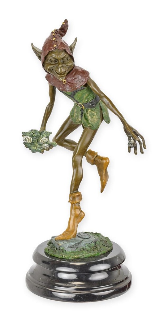 Bronzeskulptur Bronzefigur Goblin mit Schnecken auf Blatt