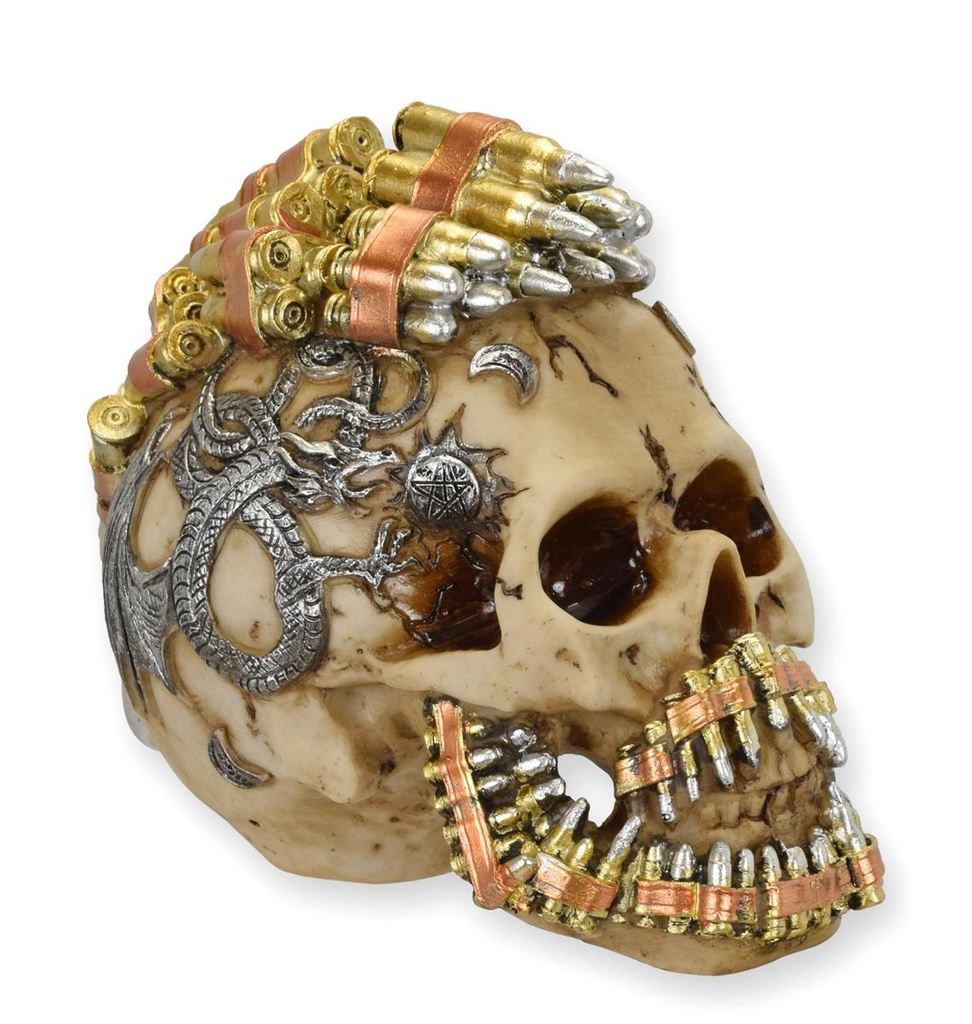 Skulptur Harz Steampunk Schädel Patronengurt