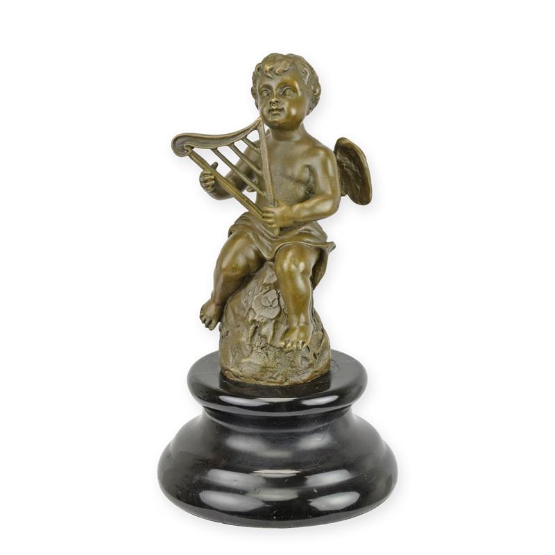 Bronzeskulptur Bronzefigur Putto mit Harfe