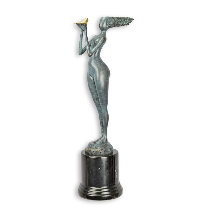 [LA-1816924] Bronzeskulptur Bronzefigur Modernistisch Frau mit Taube