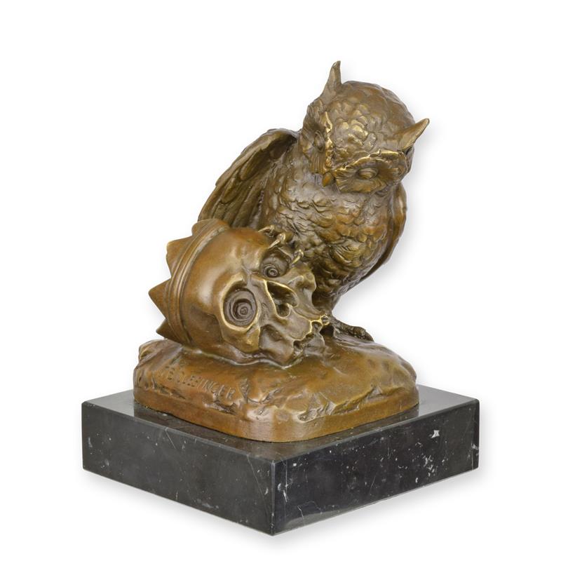 Bronzeskulptur Bronzefigur Eule und Totenkopf