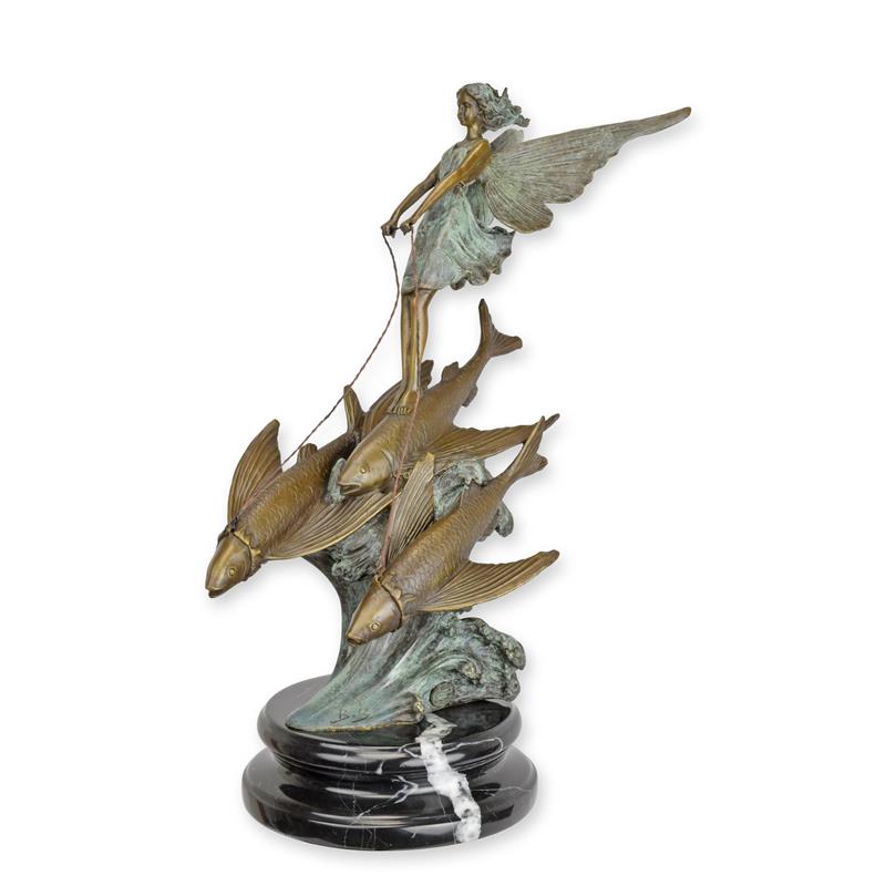 [LA-1817037] Bronzeskulptur Bronzefigur Meeresfee reitet fliegenden Fisch