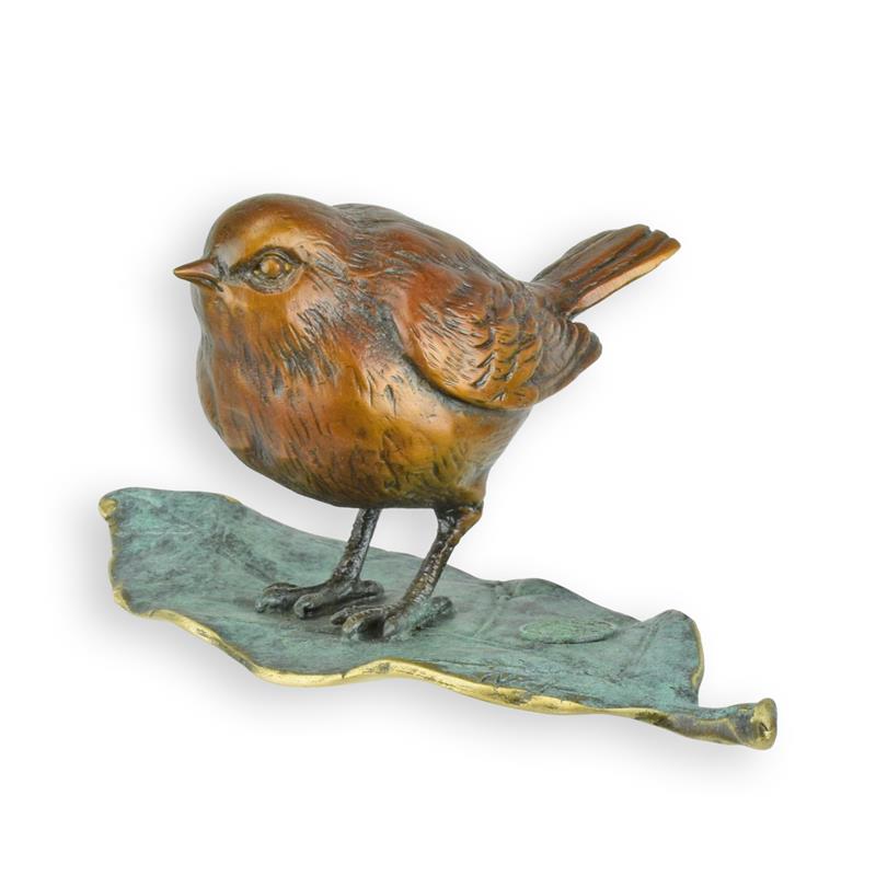 Bronzeskulptur Bronzefigur Spatz auf Blatt