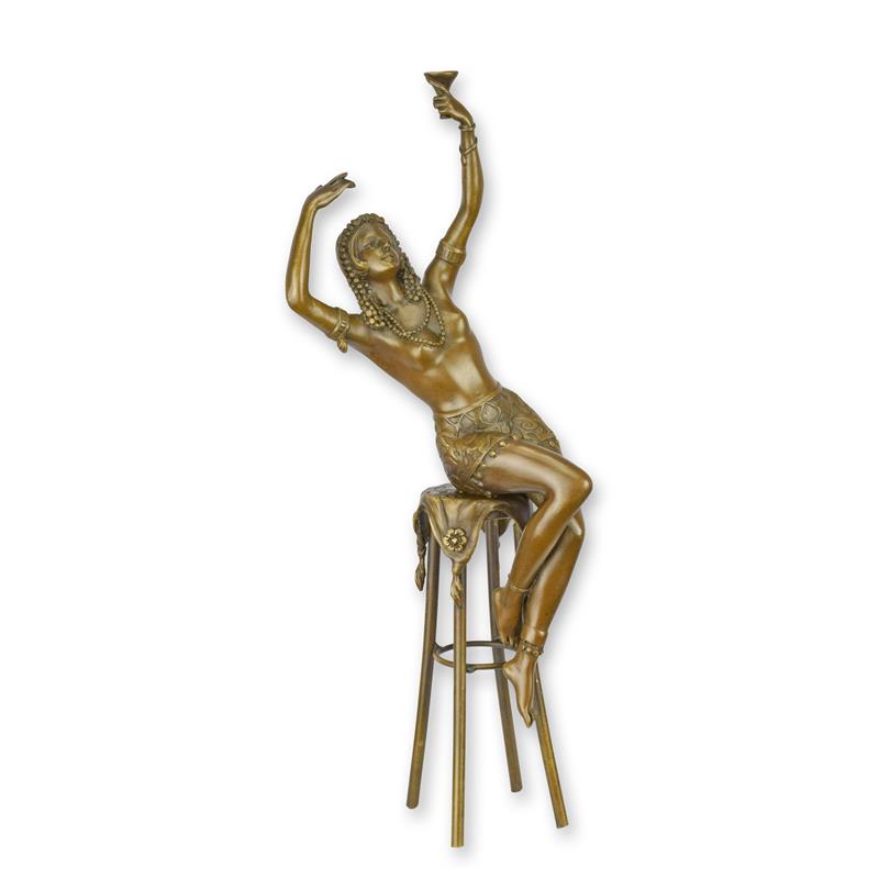 Bronzeskulptur Bronzefigur Dame auf Barstuhl