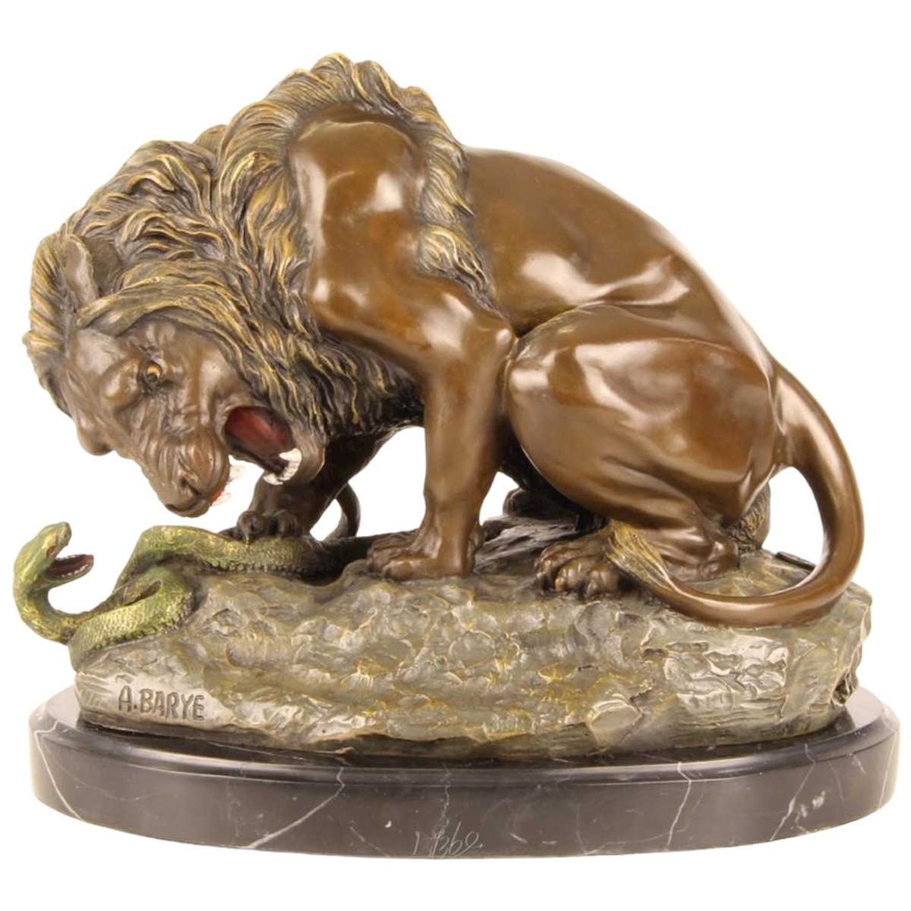 [LA-39267] Bronzeskulptur Bronzefigur Löwe mit Schlange Grün