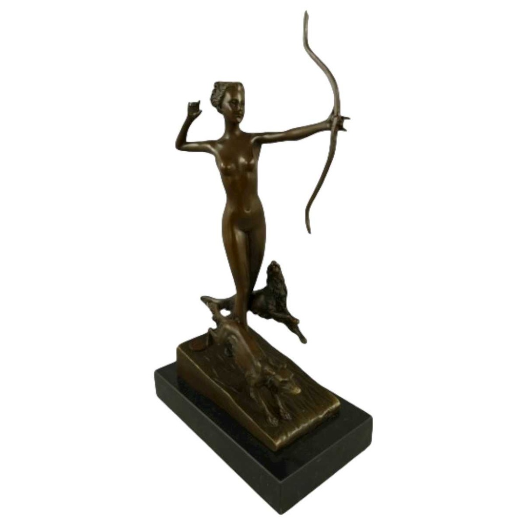 [LA-39319] Bronzeskulptur Bronzefigur Nackte Diana mit Bogen und Jagdhunden