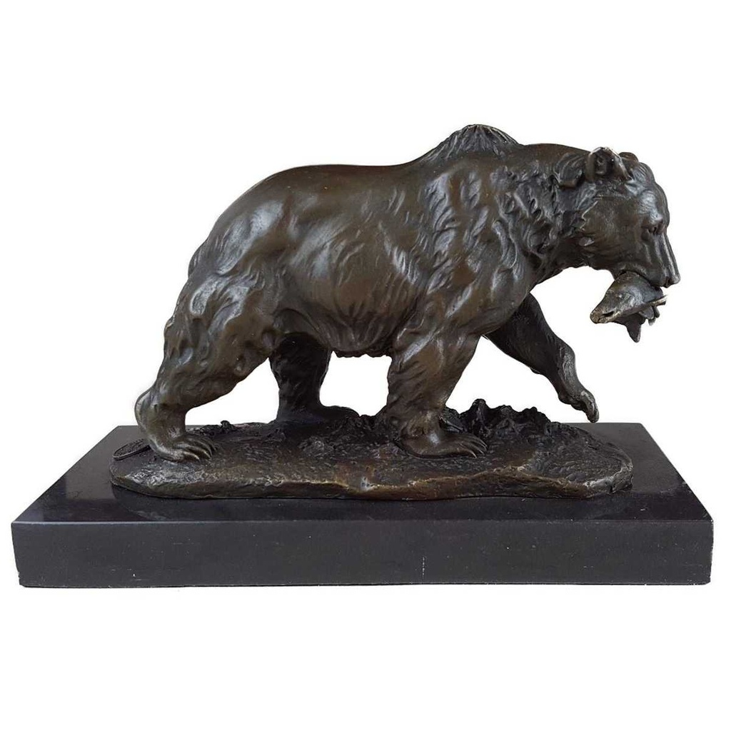 [LA-39336] Bronzeskulptur Bronzefigur Grizzlybär Bär mit Fisch Im Maul