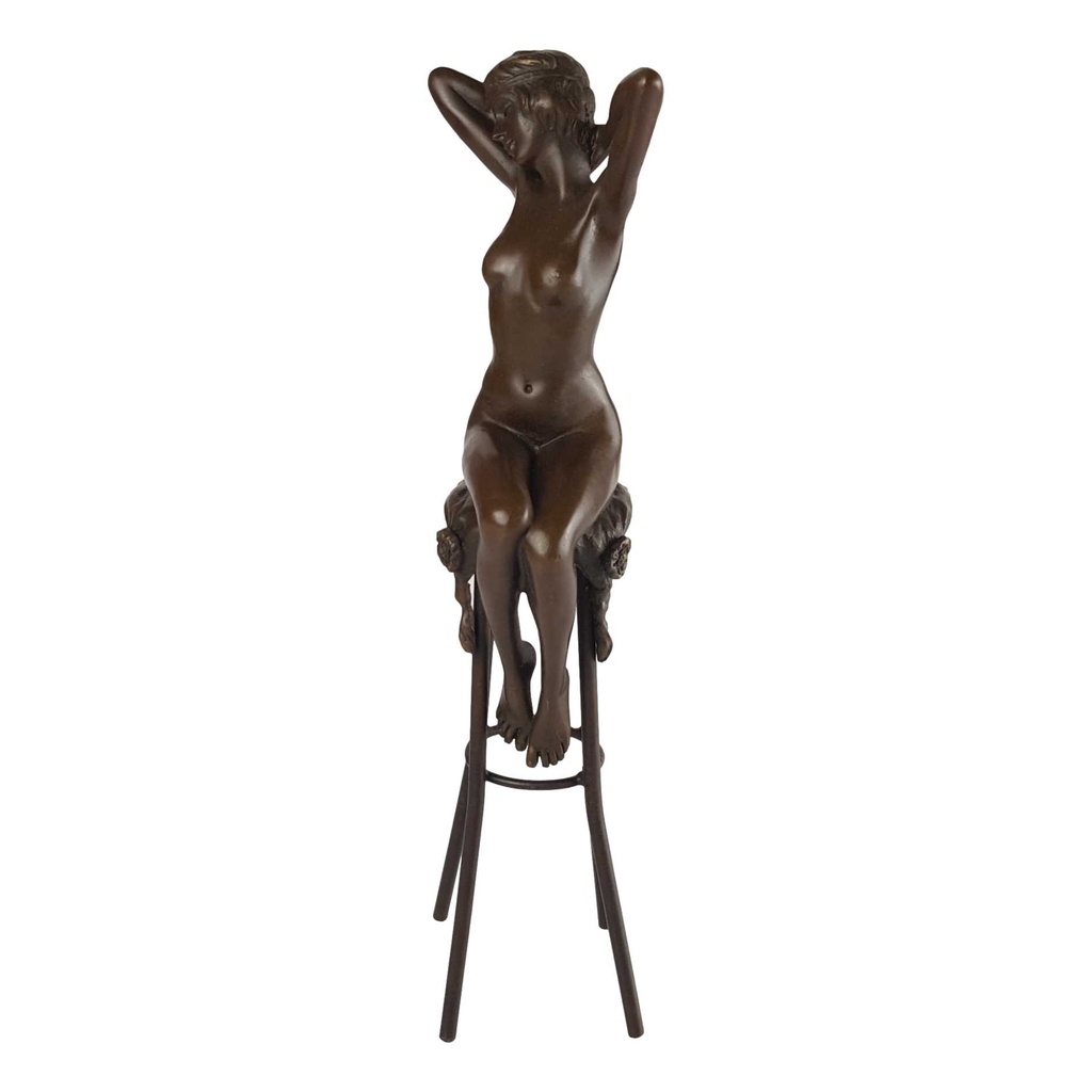 [LA-39379] Bronzeskulptur Bronzefigur Namens Erwachen Erotik Frau Auf Barhocker