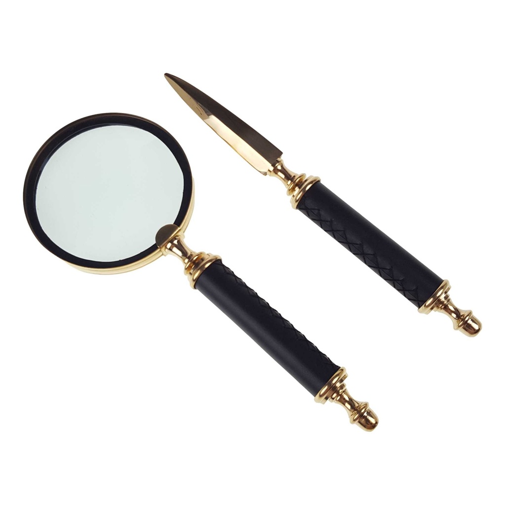 Brieföffner und Lupe Messing/Leder Set L 26 cm