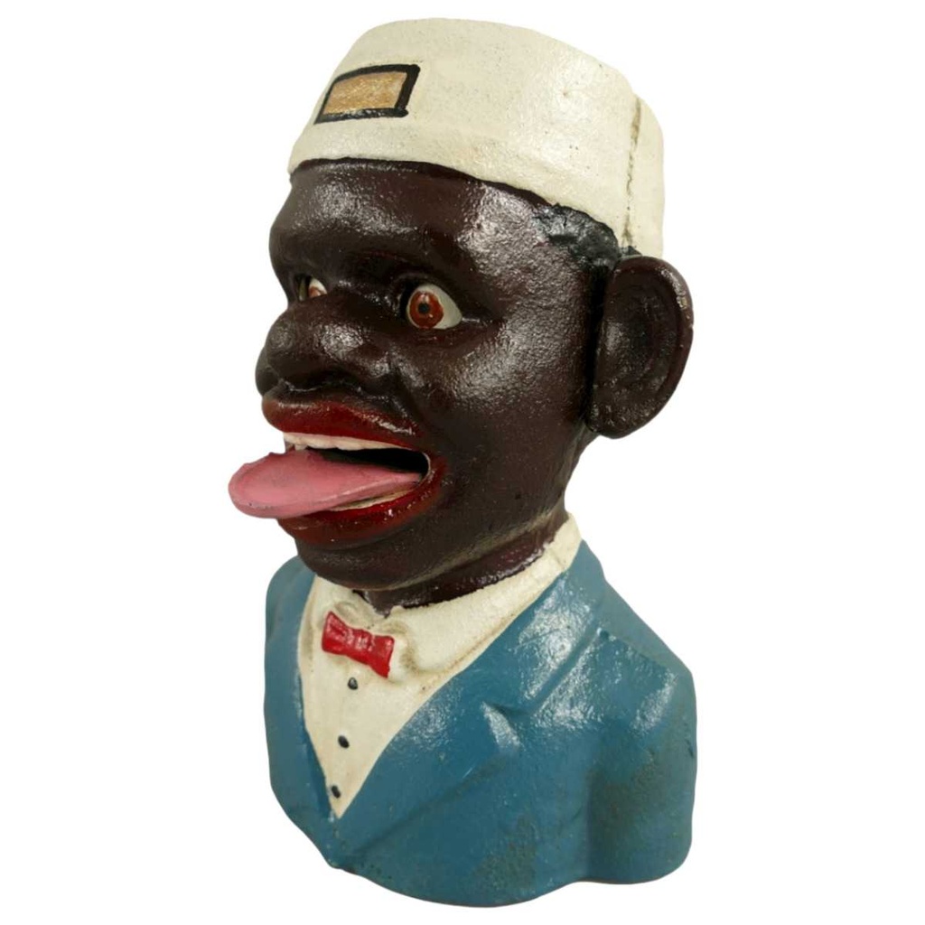 [LA-41152] Spardose Geldbank Skulptur Gusseisen Geldbank mechanisch Figur Eisen H 18 cm