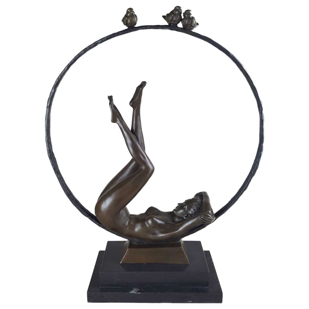 [LA-43229] Bronzeskulptur Bronzefigur Frau Akt Ring und Vögel