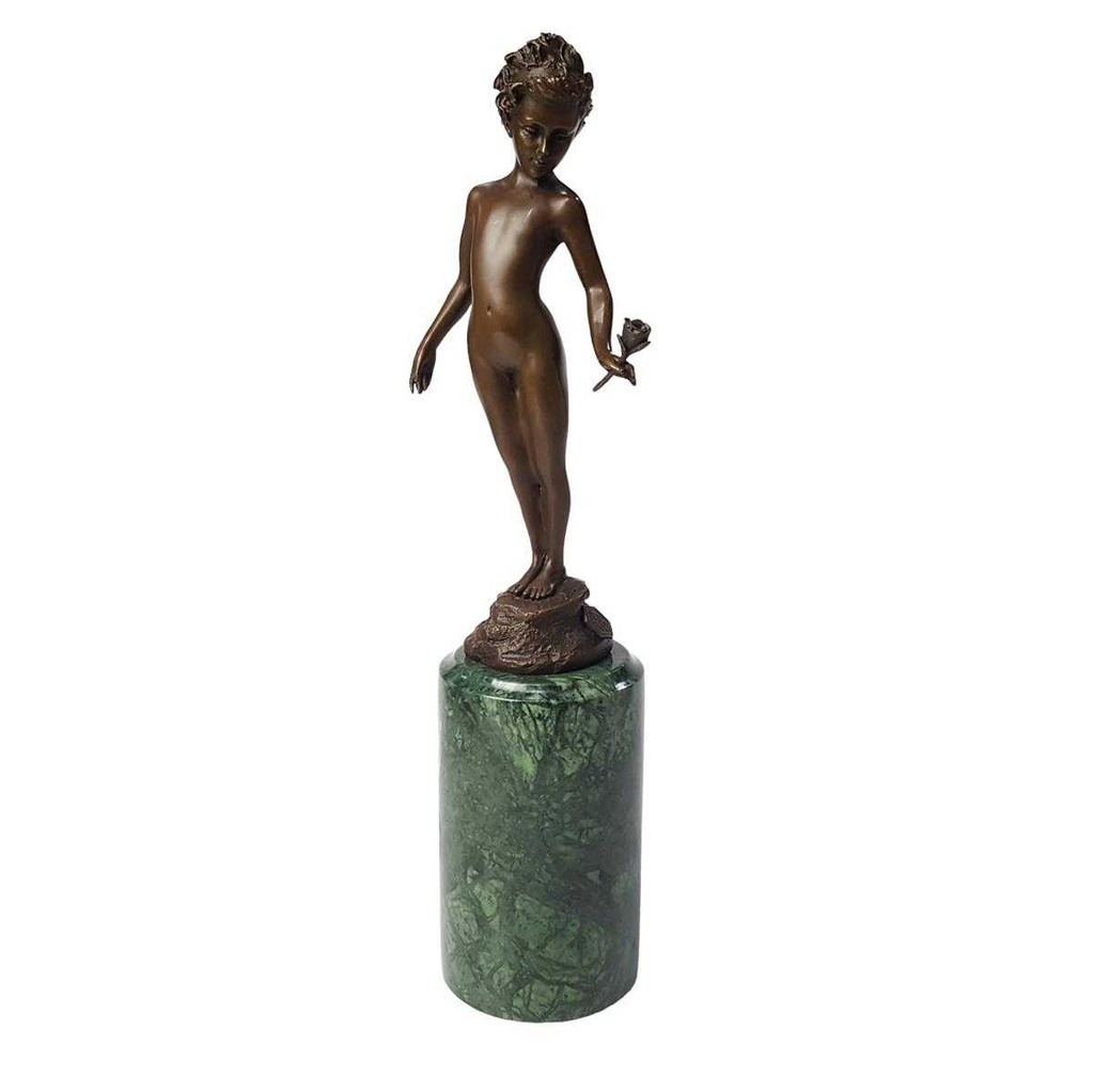 [LA-43239] Bronzeskulptur Bronzefigur Mädchen Hält Eine Rose Klassisch