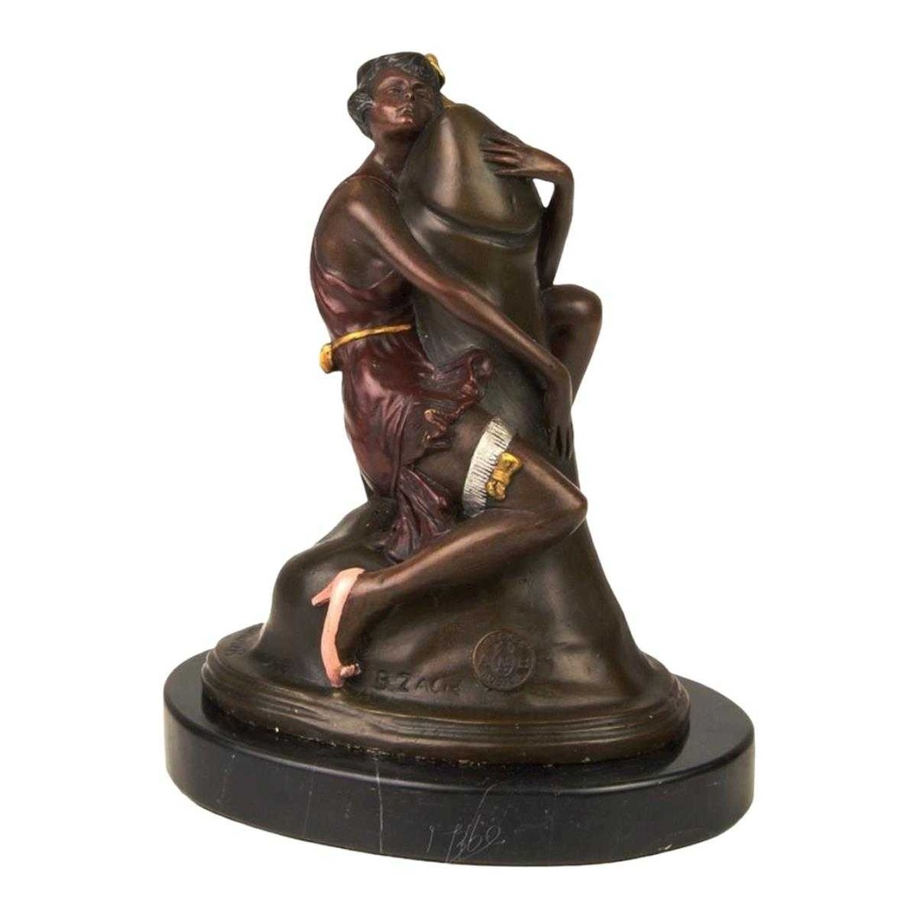 [LA-43258] Bronzeskulptur Bronzefigur Frau Umarmt Sitzend Einen Phallus