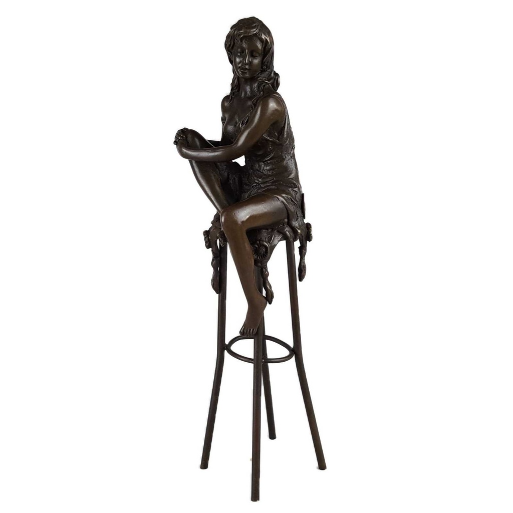[LA-43267] Bronzeskulptur Bronzefigur Frau auf Barstuhl Barhocker
