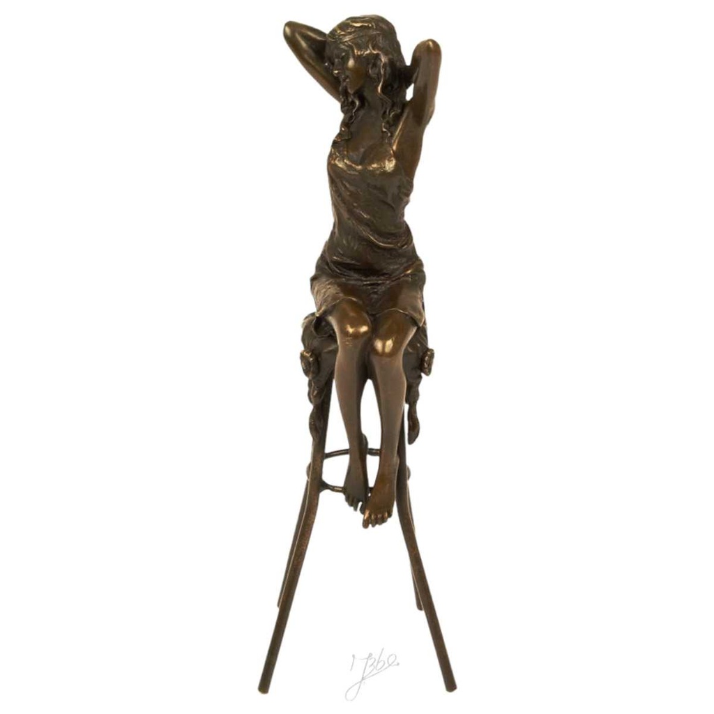 [LA-43301] Bronzeskulptur Bronzefigur Frau auf Barstuhl Barhocker bunt Art-Deco-Stil