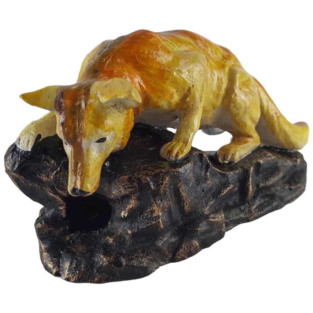 [LA-43538] Figur Skulptur Gusseisen Fuchs auf Felsen anschleichend L 23 cm