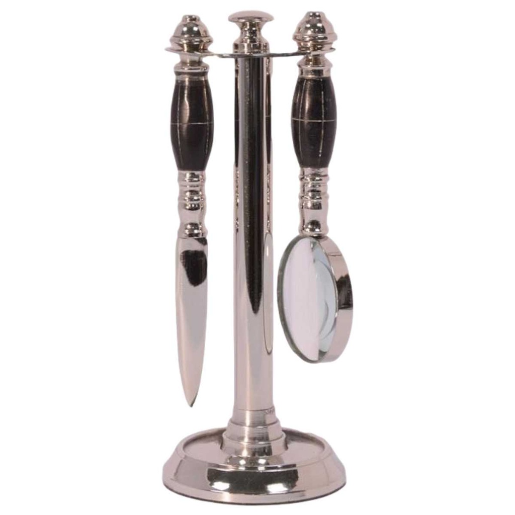 [LA-43607] Leselupe Handlupe Vergrößerungsglas/Brieföffner auf Ständer Set vernickelt H 19 cm