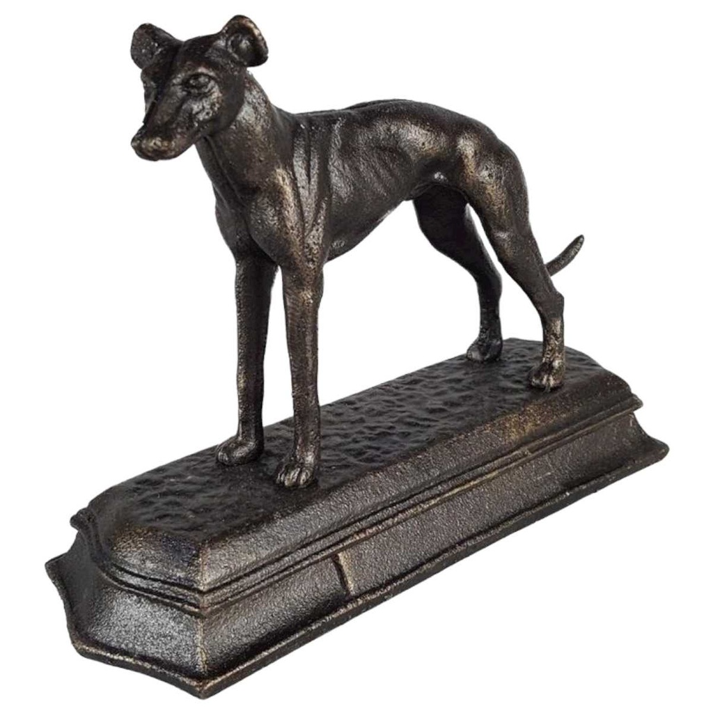[LA-43731] Figur Skulptur Gusseisen Bronzelook Windhund Gusseisensockel L 23,3 cm
