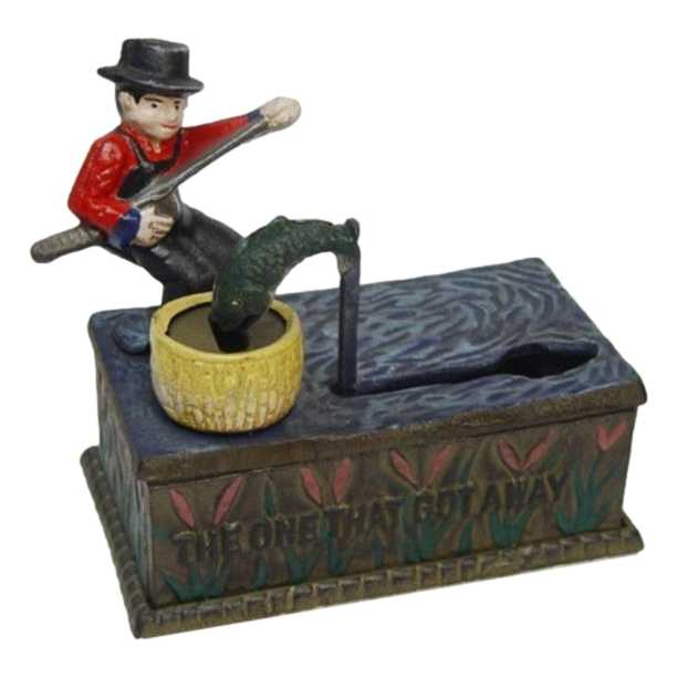 [LA-44234] Spardose Geldbank Skulptur Gusseisen Fischer mechanisch
