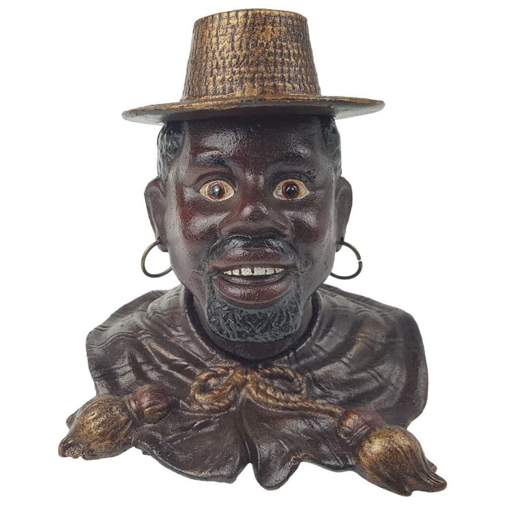 [LA-44254] Spardose Geldbank Skulptur Gusseisen Mann mit Strohhut Tintenfass