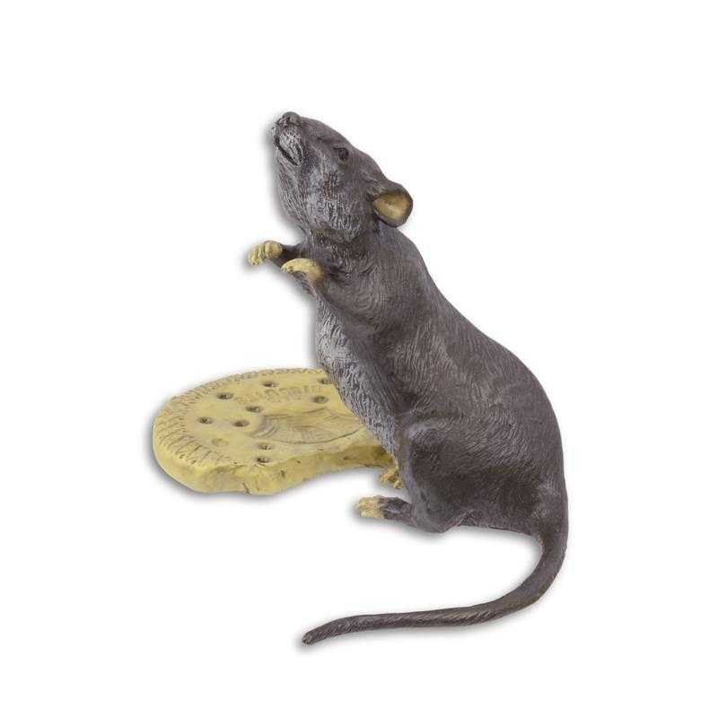 [LA-44366] Bronzeskulptur Bronzefigur Maus mit Keksen