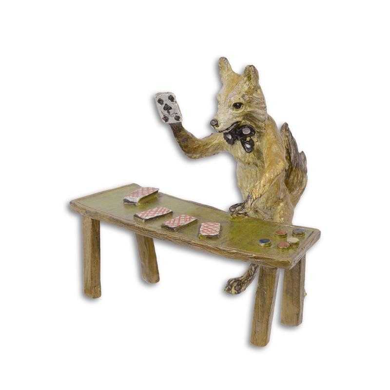 [LA-44368] Bronzeskulptur Bronzefigur Fuchs Spielt Karten