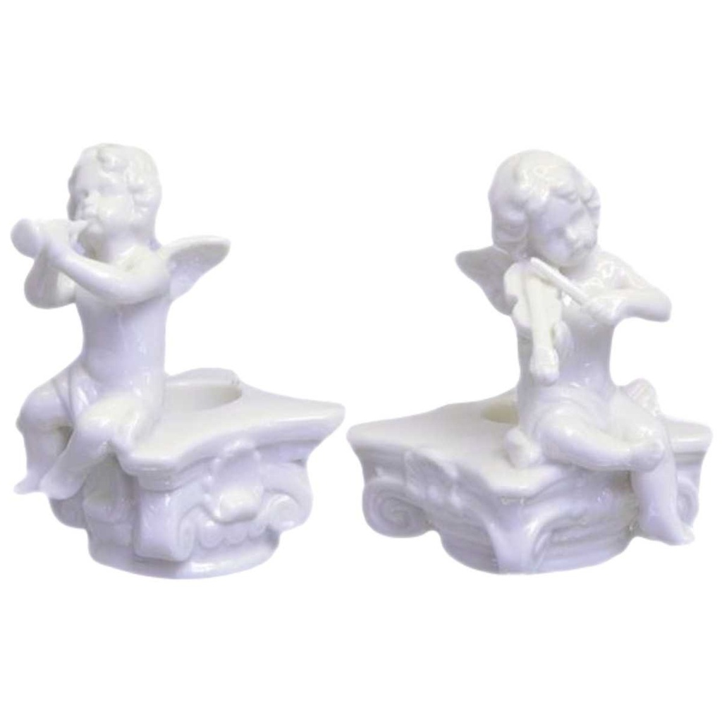 [LA-44898] Figur Skulptur 2 Kerzenhalter Alabaster Engel musizierend auf Stein sitzend