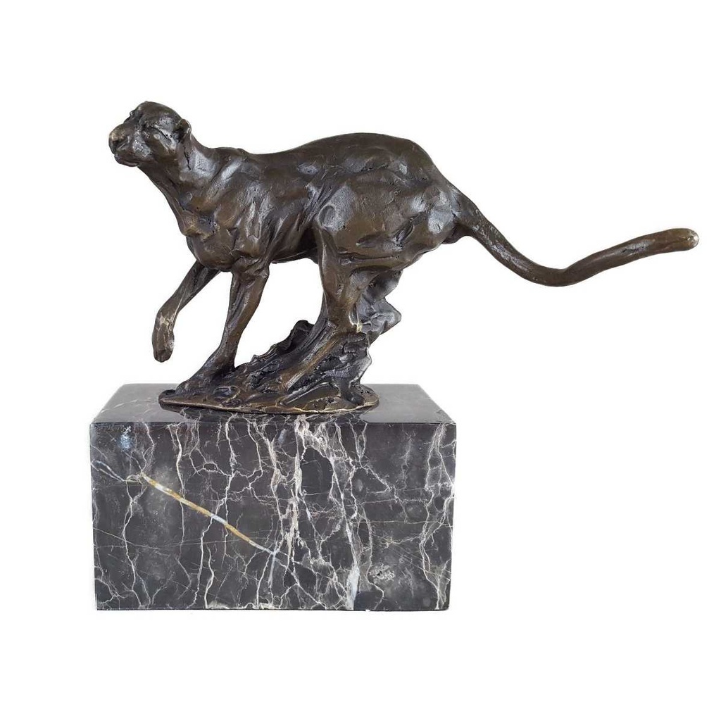 [LA-45250] Bronzeskulptur Bronzefigur Laufender Puma Silberlöwe Raubkatze Silber